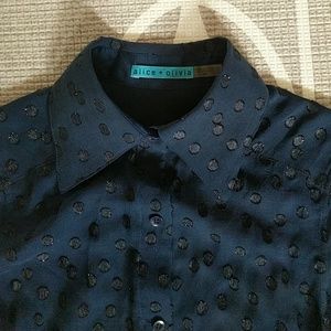 Alice and Olivia Navy Polka Dot Silk Button Down